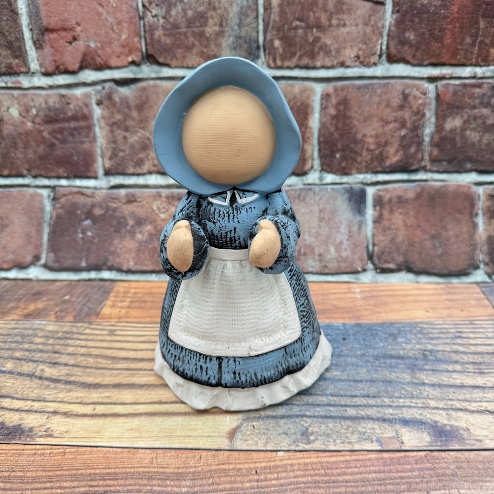 Vintage Faceless Amish Girl Ceramic Hand Painted Blue Folk Art Farmhouse